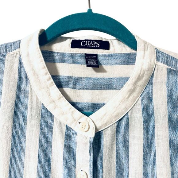 CHAPS Denim 2X linen cotton band collar blue & white stripe button front shirt - Picture 2 of 10